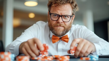 Man in bow tie engages in thrilling poker game at upscale venue