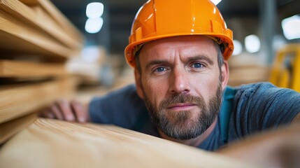 Carpenter inspects wooden plank in workshop during daylight hours