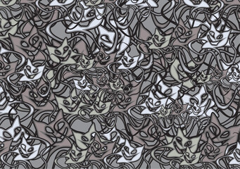 Camouflage background created by cat elements like a masks for fabrics or prints. Chaotic gray linear cat motifs for textiles, covers, dynamic posters, tiles, fashion trends, wallpaper, carpets, etc. 