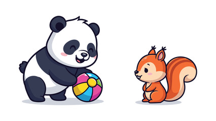 Obraz premium Playful Cartoon Panda with Beach Ball and Squirrel Illustration for Children's Content