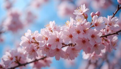 Close-up of blooming cherry blossoms against blue sky, soft bokeh background, spring season"