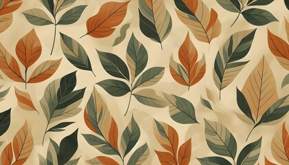 Modern seamless leaf pattern with muted autumn tones, orange and green on textured beige background