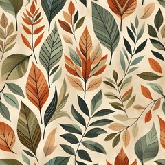 Seamless fall leaf layout on beige textured backdrop, soft stylized foliage in modern palette