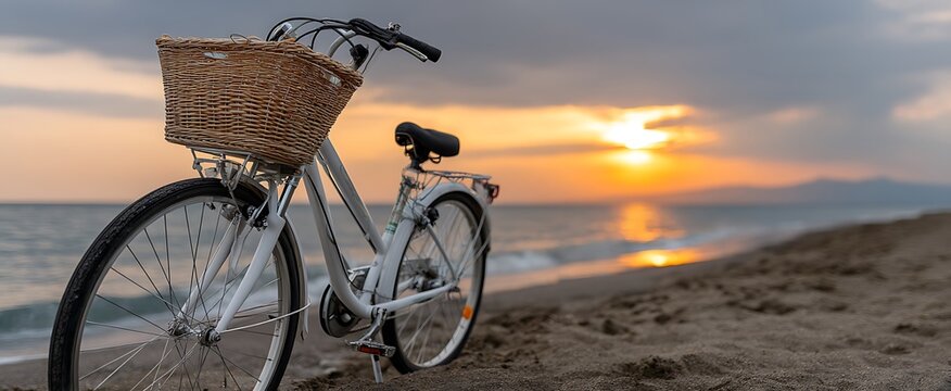 Beach cruiser bike parked on sandy beach at sunset with orange sky, and summer vacation.