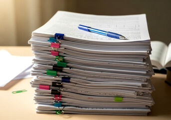 Pile of documents paperwork office work business papers pen clips files stacked organized report accounting