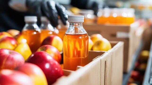 Bottling fresh apple juice at a busy factory in the harvest season