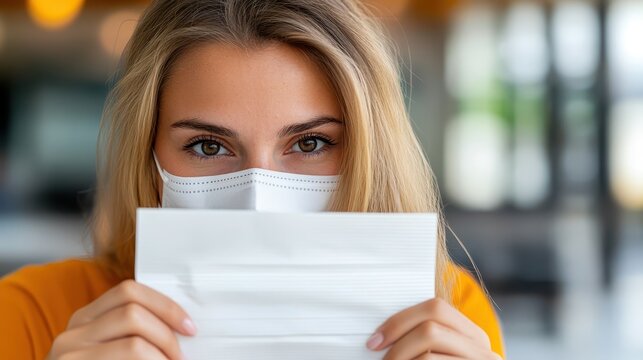 Businesswoman in office wearing a protective mask while engaging with work