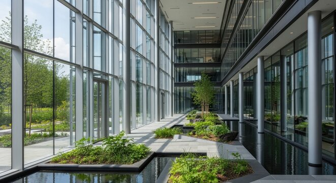 Natural light flooding a modern office interior highlights green spaces and water features, fostering a calming and productive atmosphere that enhances employee wellbeing