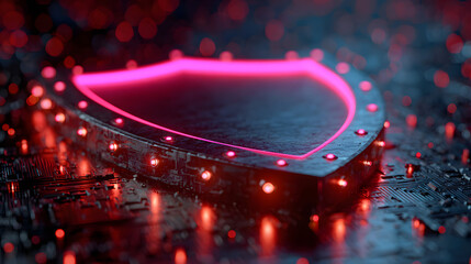 Futuristic digital security shield with neon lights in cyber environment for technology themes