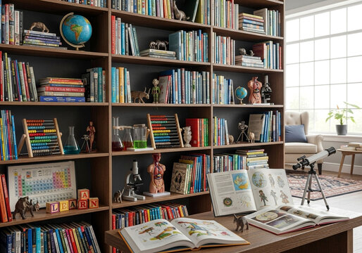 Bookshelf science books education learning study room library knowledge telescope globe microscope