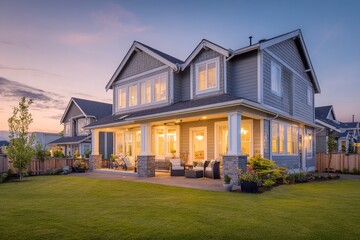 Obraz premium A beautiful home exterior at dusk with a front porch and patio lights on, a green grass lawn in the backyard of a luxury Craftsman-style house with white trim and grey shingle walls. 
