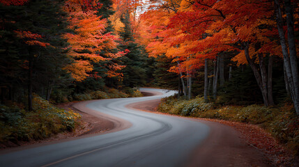 winding road disappears into horizon through vibrant autumn forest surrounded by trees adorned in fiery shades of