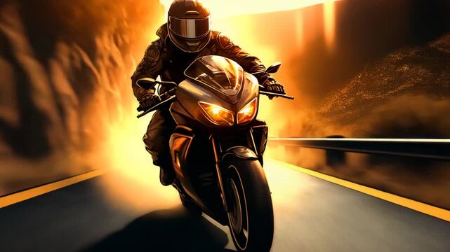 A man riding a black motorcycle on a winding mountain road during golden hour, wearing a helmet and leather jacket, dynamic camera angles with cinematic lighting, dust trail behind the bike