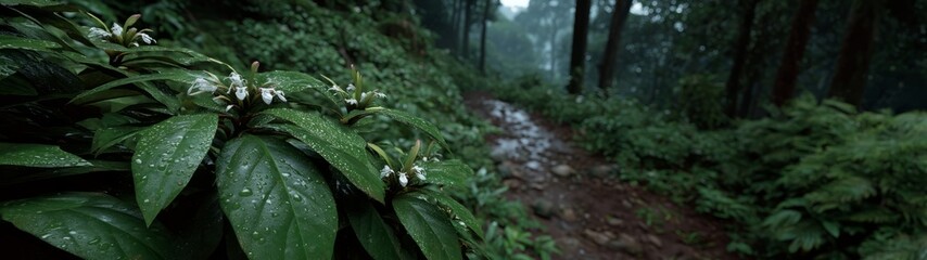 Panoramic view of lush nature trail 360 degrees hdr landscape serene rainy environment