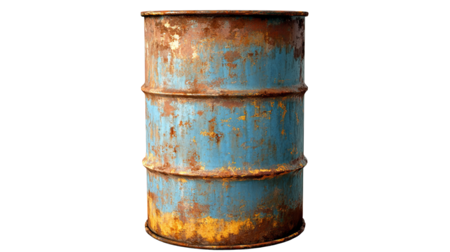 An aged blue oil drum stands abandoned its story etched in rust a weathered relic against on transparent background