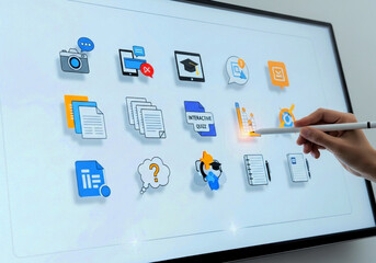 Interactive whiteboard education technology touchscreen learning collaboration digital pen icons