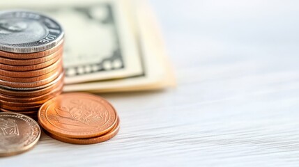 Stacks of coins beside USA banknotes create a vibrant financial display