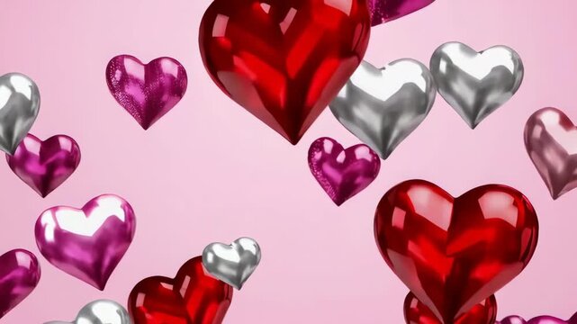 Vibrant falling hearts: metallic red, silver, and pink charms on soft pink backdrop