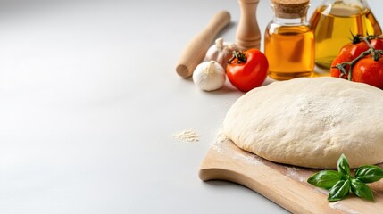 Fresh pizza dough with vibrant ingredients on a stone table ready for cooking