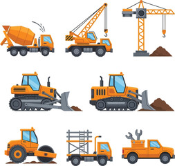 Various construction vehicles and equipment depicted in a flat, illustrative style, ready for building projects.