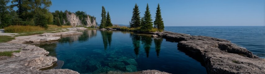 Obraz premium Panoramic 360 degrees view of clear lake nature landscape in hdr serene environment