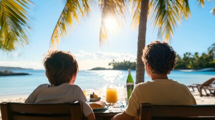 Couple enjoys a romantic dinner at a beach restaurant during sunset