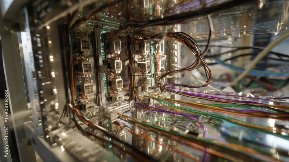 Poster close up view of a microwave generation unit, revealing intricate wiring, circuits, and electronic c