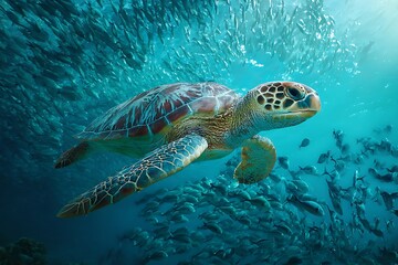 Obraz premium Sea turtle swimming gracefully through the ocean surrounded by a school of small silver fish