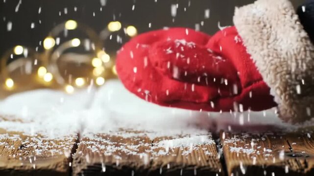 A mitten covered in snow on a wooden surface. 