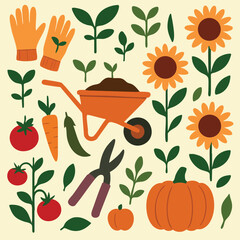 A wheelbarrow of dirt is surrounded by vegetables and flowers