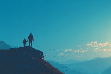 Fototapeta premium A silhouette of a father and son holding hands on top of a mountain, with a blue sky background and birds flying in the distance. The scene is bathed in the soft, warm light of morning, creating 