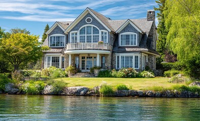 Obraz premium A beautiful two-story country house with large windows, a gray shingle roof, and stone accents stands on the edge of an elegant green lawn near a small lake. The front view shows a balcony overlooking