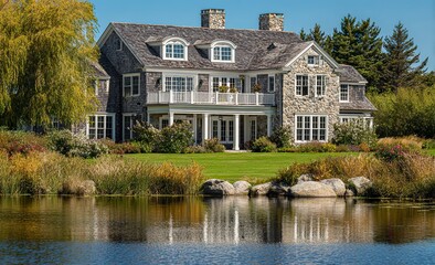 Obraz premium A beautiful two-story country house with large windows, a gray shingle roof, and stone accents stands on the edge of an elegant green lawn near a small lake. The front view shows a balcony overlooking