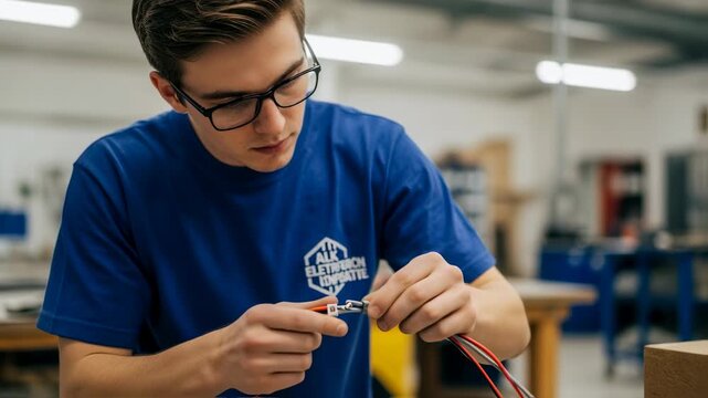 Young electrician carefully connecting wires in a workshop. Demonstrating his skills and knowledge of electrical installations. Highlighting the importance of precision and safety in electrical work