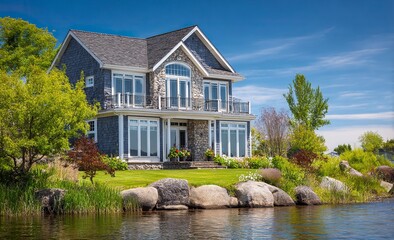 Obraz premium A beautiful two-story country house with large windows, a gray shingle roof, and stone accents stands on the edge of an elegant green lawn near a small lake. The front view shows a balcony overlooking
