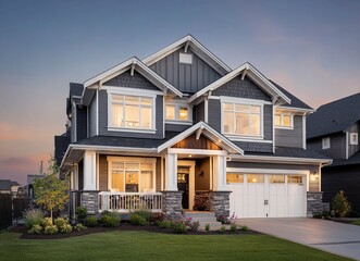 Beautiful home exterior with gray shingles and white trim, large front porch, stone accents, garage door, green grass in the yard at dusk, blue sky. 
