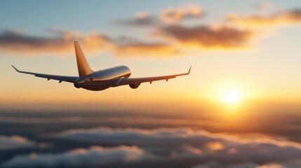 Commercial airplane soaring through golden clouds at sunset
