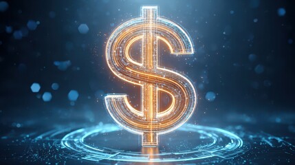 Economic Outlook and Recession Risk Concepts. A glowing digital dollar sign symbolizing finance and currency in a futuristic, tech-inspired blue and orange holographic design.