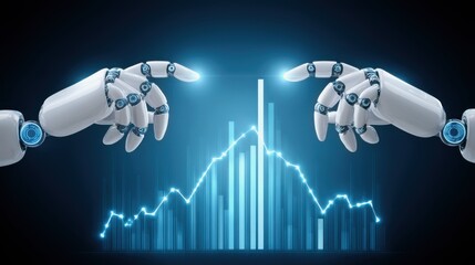 Economic Outlook and Recession Risk Concepts. Two robotic hands interact with a glowing digital financial graph, symbolizing AI-driven data analysis and futuristic technology in finance.