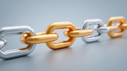 Economic Outlook and Recession Risk Concepts. A close-up of interlinked silver and gold chain links against a soft gray background.