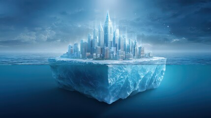 Economic Outlook and Recession Risk Concepts. A futuristic cityscape rises atop a massive iceberg floating in a vast ocean under a cloudy sky.