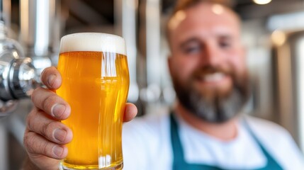 Craft brewer assessing beer quality in brewery setting