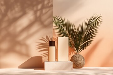 Obraz premium Minimalist product display featuring beige bottles, a box, and tropical palm fronds cast against a pale peach backdrop, bathed in sunlight and shadows