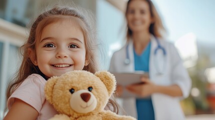 Little girl with teddy bear smiles brightly in pediatric clinic setting