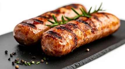 Grilled sausage perfection garnished with fresh herbs on a clean backdrop