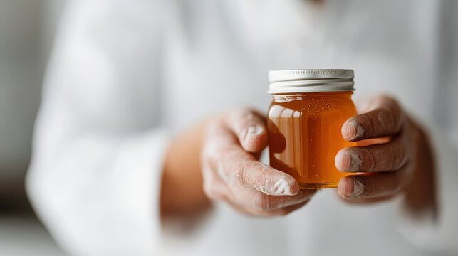 Expert bee keeper presents honey jar showcasing craftsmanship and nature