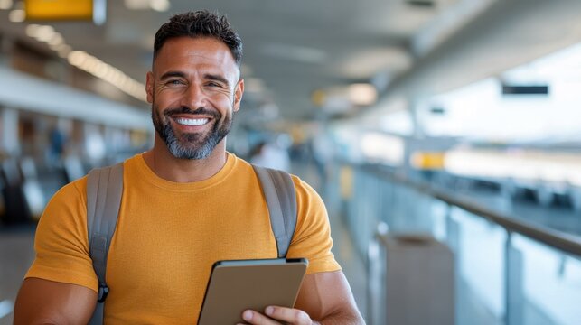 Smiling businessman at airport terminal using digital tablet for online work