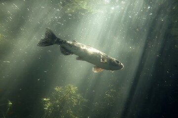 Fototapeta premium A fish swimming in murky water with sunlight streaming through the surface of the water body seen underwater