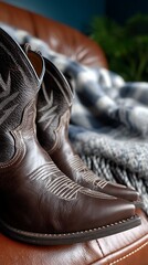 Brown Cowboy Boots on Leather Couch with Blanket with Lifestyle, and Close Up.