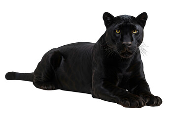 Fototapeta premium Majestic black panther in sphinx pose with sleek fur and intense gaze, ideal for wildlife, jungle, or mystery themes. isolated on white or transparent background. PNG